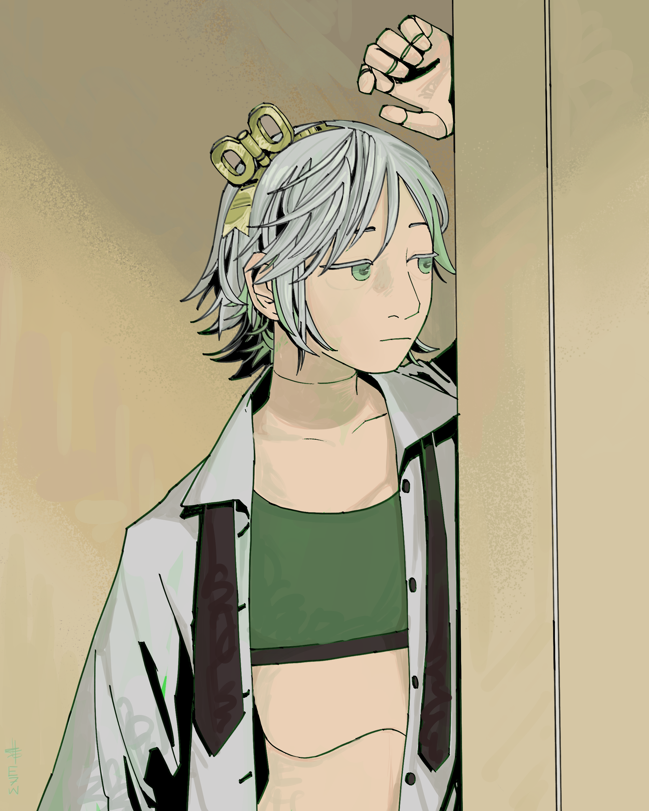 halfbody fanart of cecilia leaning on a doorframe with her hand above her head. she's wearing an
	  unbuttoned shirt and undone tie, with a green sports bra underneath.